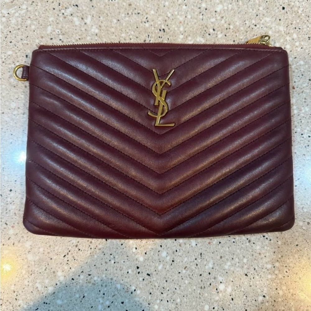 Saint Laurent Chevron Quilted Leather Pouch in Deep Burgundy with Gold YSL